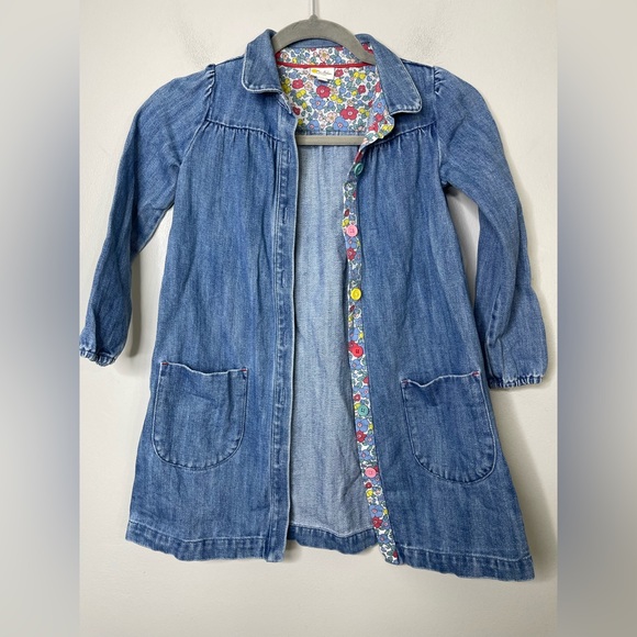 Mini Boden Denim Floral Trim dress Duster Long Sleeves Sz 6-7 like new - Picture 2 of 6